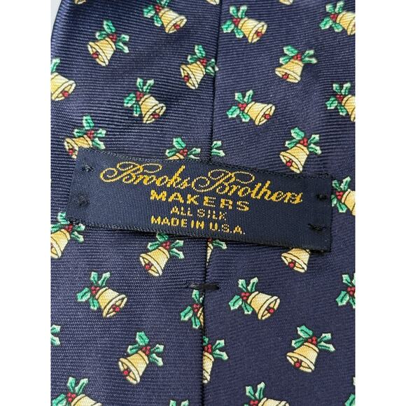 Brooks Brothers Silk Tie Navy Blue Holiday Bells Print Necktie USA Made - Picture 3 of 5